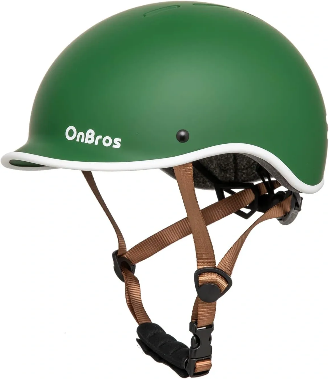 A green helmet with white trim and brown straps.