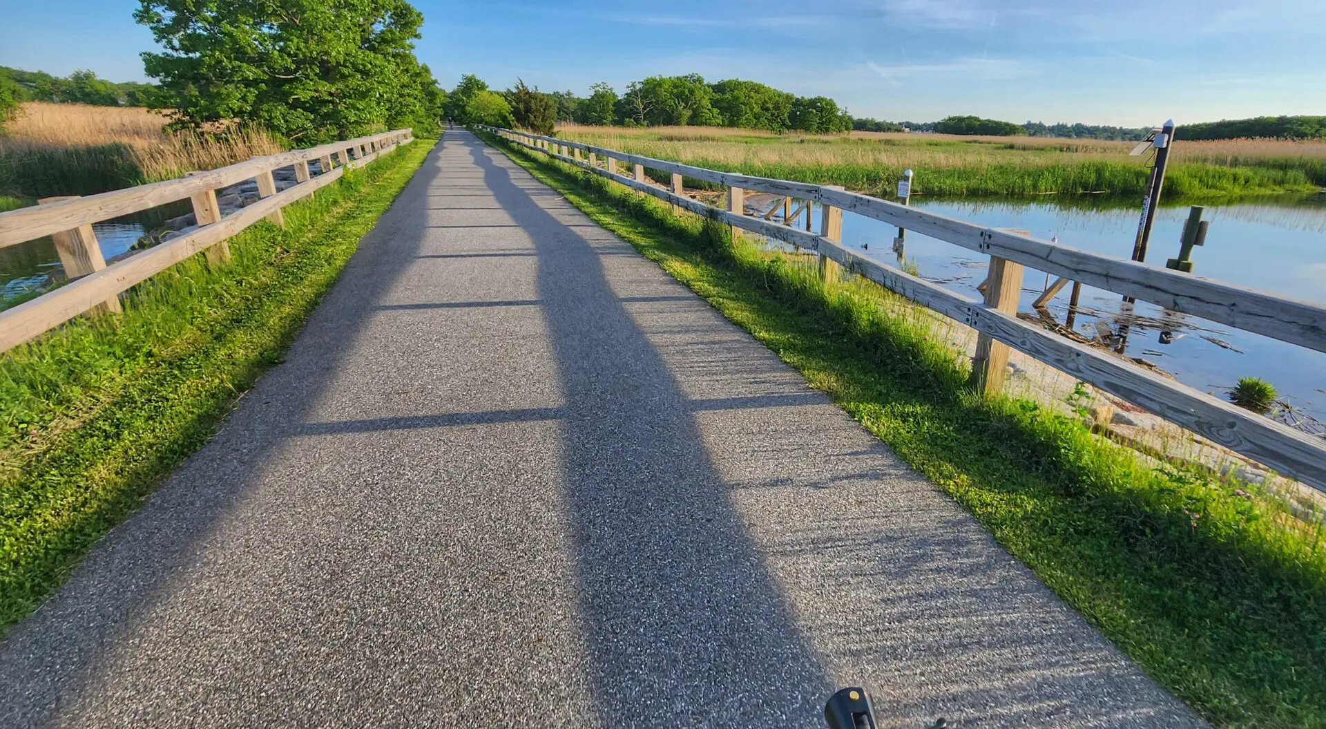 A bicycle path with grass and trees on both sides.